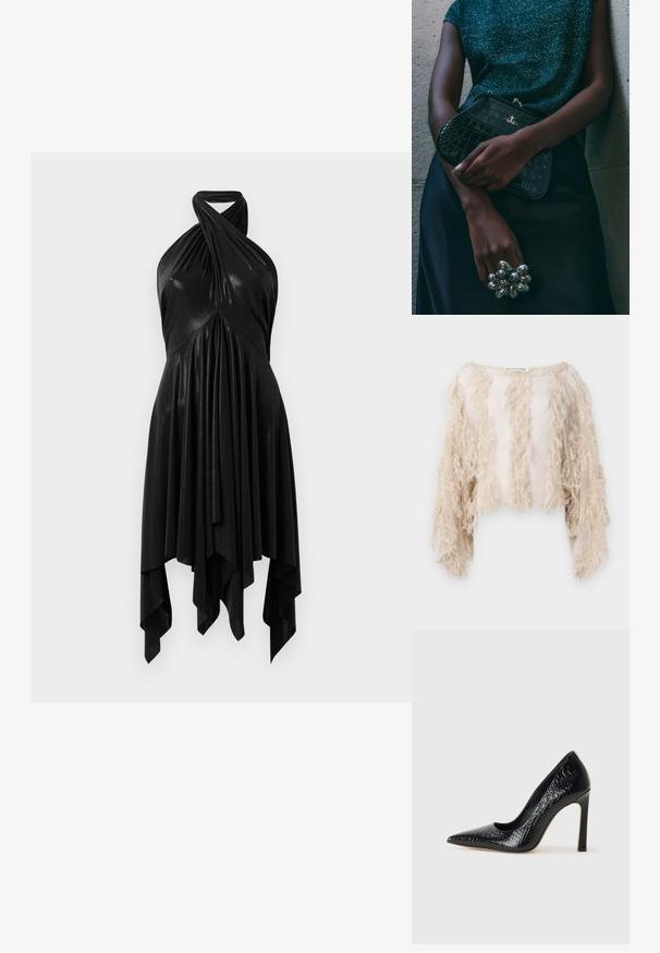 Lühikeste varrukatega lühikeses beežis topis on esiosas ja varrukatel tekstuuriga fringedetailid. Materjal on läbi paistva, kuid sileda voodriga.; Must mustrabilecek riiet, millel on langev disain. Valmistatud läikivast materjalist, millel on keeratud kaelus ja asümmeetriline serv. Sujuv tekstuur.; Mustan teravaotsaga kõrge kontsaga king, millel on krokodillimustriga tekstuur, stiilne disain, kõrge stilettokonts ja sile must sisesisustus.; Must musta tihe-must reptiili nahast pidulik kott hõbedaste detailidega, mille taustal on tekstuuriline hall taust. Omab läikivat pinda.