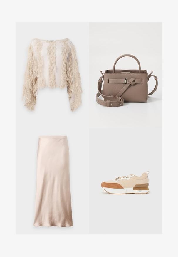 Short-sleeve cropped top in beige, featuring textured fringes along the front and sleeves. Sheer fabric with a smooth inner lining.; Satin midi skirt in light beige, featuring a fitted waist, smooth texture, and a flared hem, with no visible embellishments or pockets.; Sneaker featuring a beige fabric upper with tan suede accents, a white midsole, and a rubber outsole with a branding detail.; Taupe textured leather handbag with top handle, adjustable shoulder strap, and decorative knot detail on a clean white background.
