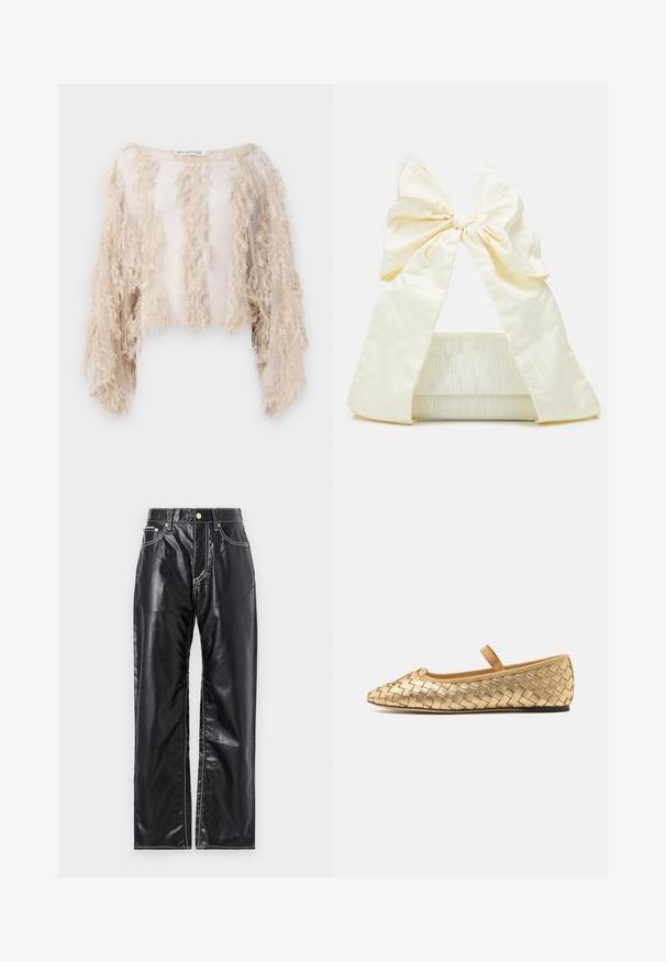 Krátky rukáv cropped top v béžovej farbe, ktorý má textúrované strapce okolo prednej časti a rukávov. Priehľadná látka s hladkým vnútorným podšívaním.; Svetlomodrá polokošeľa s krátkym rukávom, so ribovanou textúrou, rovnou golierikom a predným zapínaním na šesť zodpovedajúcich gombíkov.; Čierne nohavice z faux kože so širokým strihom, s bielym prešívaním, prednými vreckami a zlatým gombíkom na páse.; Loeffler Randall LEONIE SOFT BALLET FLAT - Balerínky s remienkom okolo členku - gold; Loeffler Randall RAMONA BOW SHOULDER BAG - Kabelka - cream