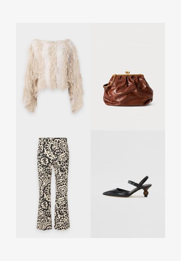 Lühikeste varrukatega lühikeses beežis topis on esiosas ja varrukatel tekstuuriga fringedetailid. Materjal on läbi paistva, kuid sileda voodriga.; Laienevad püksid, mis on valmistatud kergest kangast, mustvalge lillemustriga, millel on südamed ja lehed, ning sile tekstuur.; Must musta slingback kingad terava varba, kõverdisainiga ja ümar puidust sarnane konts. Omab kitsast pahkluu rihma.; Pruun nahast kätš koos kullast sulgemise raami ja lühikese kullast ketiga, millel on pehme, kogutud tekstuur valgel taustal.