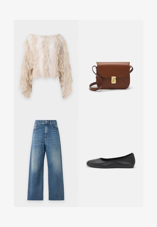 Short-sleeve cropped top in beige, featuring textured fringes along the front and sleeves. Sheer fabric with a smooth inner lining.; High-waisted, wide-leg jeans made of blue denim with a faded finish. Features include front pockets and a single button closure.; Black leather ballet flat with a rounded toe, smooth texture, minimal stitching detail, and a flexible sole design.; Brown leather handbag with a flap closure, gold-tone hardware, a shoulder strap, and a smooth texture. Compact rectangular shape.