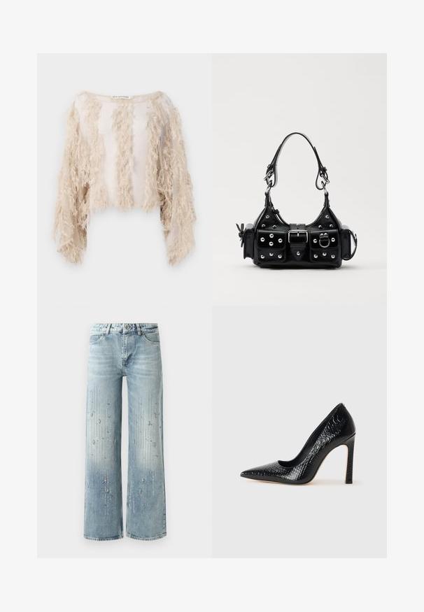 Kurzes kurzärmliges Oberteil in Beige mit strukturierten Fransen entlang der Vorderseite und Ärmel. Durchsichtiges Material mit einem glatten Innenfutter.; Hellblaue weite Jeans aus Denim, ausgestattet mit einem Farbverlaufseffekt und Verzierungen aus silbernen Strasssteinen in vertikalem Muster.; Schwarzer, spitz zulaufender High Heel mit Krokodilleder-Struktur, elegantem Design, hohem Stiletto-Absatz und glattem schwarzen Innenraum.; Schwarze Lederhandtasche mit einem geschwungenen Design, verziert mit silbernen Nieten, einer Schnalle und zwei seitlichen Taschen. Verstellbarer Träger für verschiedene Tragemöglichkeiten.