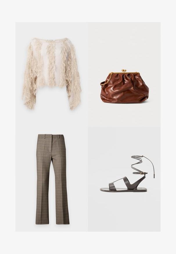 Top corto a maniche corte beige, con frange testurizzate lungo la parte anteriore e le maniche. Tessuto trasparente con una fodera interna liscia.; Pantaloni a quadri marroni con taglio dritto, caratterizzati da un tessuto testurizzato e da sfumature sottili di beige e marroni scuri in tutto il motivo.; Sandal in pelle marrone con suola piatta, caratterizzato da un design minimalista, cinturino curvo per la caviglia e numerosi ritagli per la traspirabilità.; Borsa a mano in pelle marrone con chiusura dorata e manico a catena corto dorato, caratterizzata da una morbida texture arricciata su sfondo bianco.