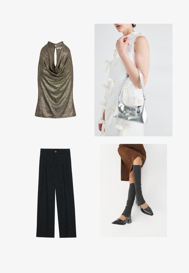 Haut vert olive métallique avec un devant drapé et un col en forme de trou de clé. Fabriqué en tissu texturé, présentant une finition lisse et une silhouette ajustée.; Pantalons large à rayures noires en tissu texturé, dotés d'une fermeture à bouton sur le devant et d'un design plissé pour un intérêt supplémentaire.; Chaussures à bout pointu en cuir verni noir avec un talon bloc et une bride à la cheville, accompagnées de jambières en maille grise et d'une jupe en daim marron.; Sac à main métallisé argenté au design structuré, avec une poignée supérieure et un détail en nœud sur le devant. Texture lisse, fini réfléchissant.
