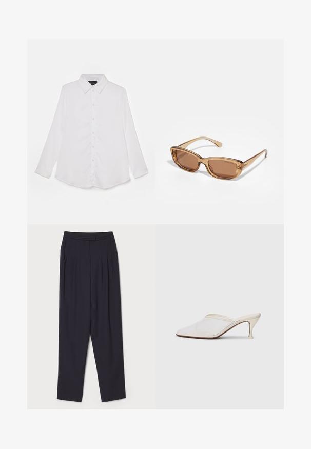 Cămașă albă cu mâneci lungi, cu închidere prin butoni, guler clasic, textură netedă, tiv curbat la baza cămășii și o strălucire subtilă.; Pantaloni închisi, dintr-un material moale, cu pliuri și un design drept, având talie standard și buzunare laterale.; Mule alb cu plasă, cu vârf ascuțit, toc subțire de înălțime medie și design slip-on, pe un fundal simplu.; Ochelari de soare cu tintă căprie, cu formă rectangulară, ramă din plastic transparent căprie și detalii subtile ale logo-ului pe laterale.