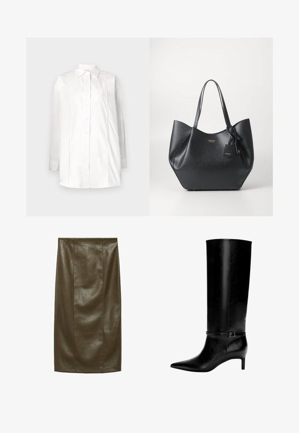 Weißes Langarmhemd aus Baumwolle mit klassischem Kragen, Knopfverschluss vorne und vertikalen Paspelierungen im Oberteil.; Olivenfarbene Kunstleder- Bleistiftrock mit glatter Textur, knielang, mit vertikalen Nähten für einen maßgeschneiderten Look.; Schwarze Lederstiefel bis zum Knie mit spitzer Zehe und kleinem Absatz. Verfügt über einen schmalen Riemen mit einer metallischen Schnalle am Knöchel. Glatte Textur.; Schwarze Tragetasche aus texturiertem Synthetikmaterial mit breiter Silhouette, ausgestattet mit zwei Griffen und einem Markenanhänger.