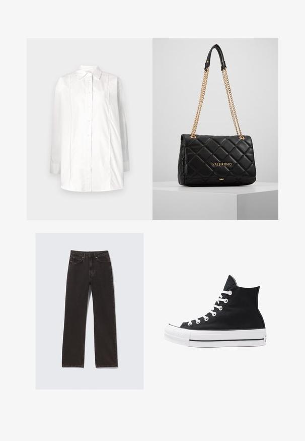 White long-sleeve shirt made of cotton with a classic collar, button-front closure, and vertical pintuck detailing on the bodice.; Black denim jeans with a straight cut, featuring front pockets, belt loops, and subtle stitching details. Crafted from durable cotton material.; High-top black canvas sneaker with white eyelets, laces, and rubber sole. Features a textured toe cap and black and white stripe accents.; Black quilted leather handbag with gold chain strap and logo detail. Rectangular shape, smooth texture, featuring a flap closure.