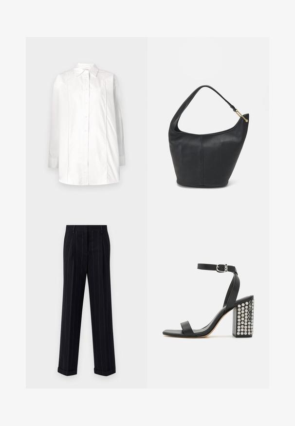 Hvit skjorte med lange ermer laget av bomull, med klassisk krage, knappeåpning foran og vertikale pikeringsdetaljer på kroppen.; Svarte pinstripede bukser med en tilpasset passform, som har en oppbrett på bunnen og frontfolder. Laget av glatt stoff med en strukturert design.; Svarte lær sandaler med hæl og ankelrem. Har firkantet tå, glatt tekstur og firkantet blokkhæl prydet med sølvnitter.; Svart lærveske med en rund form, bred stropp og strukturert overflate. Har en subtil sømdetalj og gullfarget beslag.