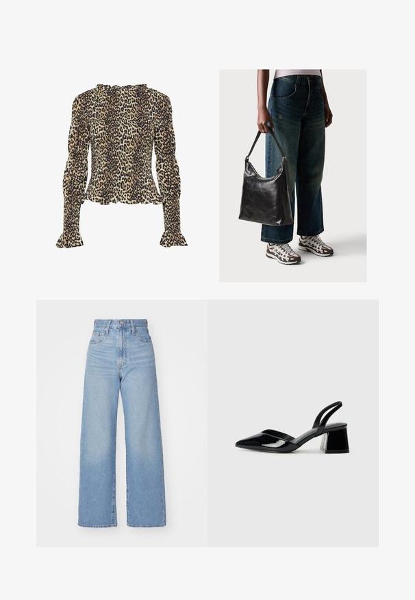 Blusa de estampa de leopardo com mangas longas e bufantes, textura pregueada, decote com volantes e punhos largos. Cores predominantemente bege e preto.; Jeans de cintura alta e perna larga em azul claro, com fecho frontal de botão e zíper, bolsos frontais e traseiros, sobre um fundo branco.; Sandy em verniz preto com salto slingback, ponta afilada e salto geométrico. Apresenta um design elegante e minimalista com textura suave.; Bolsa de ombro em couro preto com textura suave e alça ajustável, combinada com jeans de perna larga desbotados e ténis desportivos.