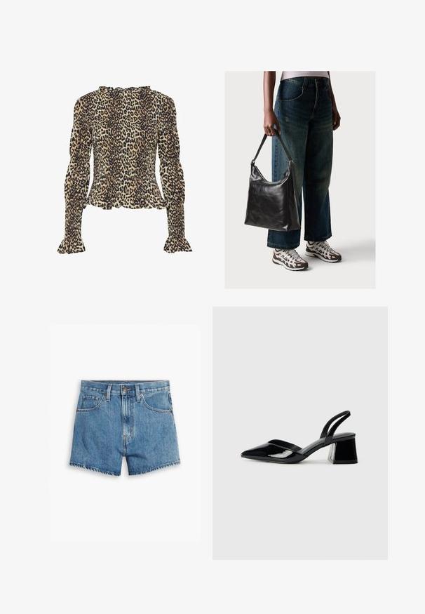 Leopardimustriga pluus pikka, pallikujuliste varrukatega, ripsitud tekstuuriga, volangiga kaelusega ja flare'iga mansettidega. Peamiselt tan ja musta värvi.; Heledad teksapüksid helesinisena, millel on viis taskut, tõmblukk ja nööpkinnitus. Varrukad on lõdvenenud ja servad on kulunud.; Mustad musta lakknahk kingad, millel on terav varvas ja geomeetriline plokkkonts. Omab elegantselt minimalistlikku disaini ja sujuvat tekstuuri.; Must musta õlakott, millel on sile tekstuur ja reguleeritav rihm, koos pleekinud laia jalgadega teksade ja sportlike tossudega.