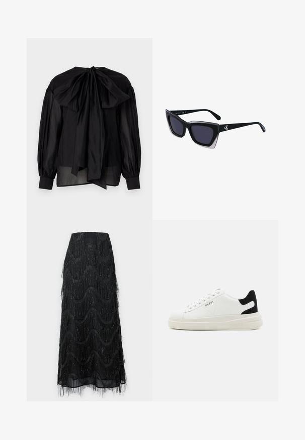 Juoda bluzonė su permatoma medžiaga, pūstomis rankovėmis ir dideliu kaspinu nugaroje. Turi apvalią iškirptę ir prigludusius rankogalius.; Juodas midi sijonas su sluoksniais frizais ir bangų raštais. Pagamintas iš permatomo medžiagos su blizgučiais pareiškimais palei kraštus.; Baltos odinės sportbačiai su storu baltu padu, juodu nubuko kulno akcentu ir iškilmingu logotipu šone. Su raišteliais, turinčiais šešis akinius.; Juodos didelės saulės akinių su geometrine forma, turinčiais tamsius objektyvus ir kontrastingą pilką detalę ant rėmelio. Logotipas ant šalon.