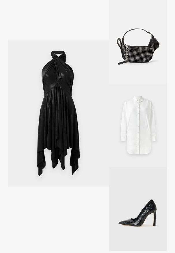 Cămașă albă cu mâneci lungi, închidere cu nasturi, guler ascuțit și panouri laterale. Țesătură netedă cu o textură ușor lucioasă.; Rochie neagră cu bretele halter, având un design drapat. Confecționată dintr-un material lucios, cu un guler răsucit și un tiv asimetric. Textură netedă.; Pantofii cu toc înalt, ascuțiți, de culoare neagră, cu textură de piele de crocodil, având un design elegant, toc în stil stiletto și interior neted de culoare neagră.; Geantă neagră cu embellishments cu ținte, curea din lanț și mânere din piele netedă, având o formă rotundă și un compartiment cu fermoar.