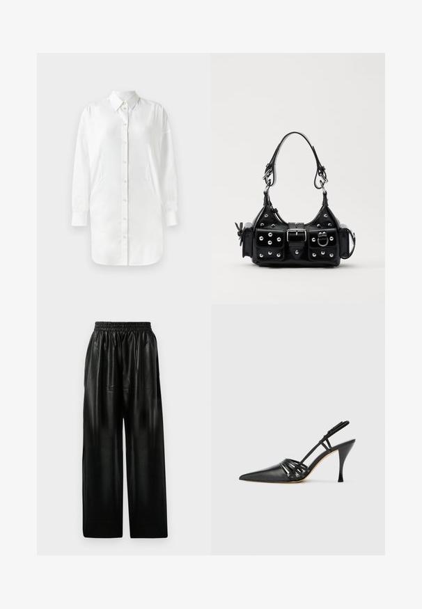 Weißes Hemd mit langen Ärmeln, Knopfverschluss, spitzem Kragen und seitlichen Einsätzen. Glattes Material mit leicht glänzender Textur.; Schwarze Leder-Hosen mit weitem Bein und elastischem Bund, ausgestattet mit zwei Seiten Taschen und einer glatten, glänzenden Oberfläche.; Schwarze Leder-Slingback-Pumps mit spitzem Zehenbereich, über Kreuz verlaufendem Riemendesign und schmalem Stiletto-Absatz. Glatte Oberfläche und minimalistische Akzente.; Schwarze Lederhandtasche mit einem geschwungenen Design, verziert mit silbernen Nieten, einer Schnalle und zwei seitlichen Taschen. Verstellbarer Träger für verschiedene Tragemöglichkeiten.
