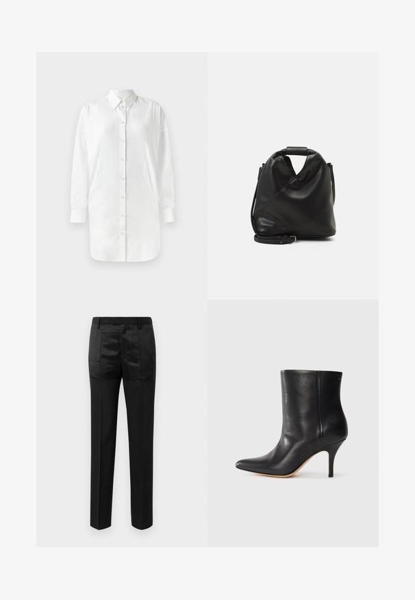Weißes Hemd mit langen Ärmeln, Knopfverschluss, spitzem Kragen und seitlichen Einsätzen. Glattes Material mit leicht glänzender Textur.; Schwarze maßgeschneiderte Hosen mit geraden Beinen und einem Bund mit Gürtelschlaufen, ausgestattet mit einer Mischung aus matten und glänzenden Stoffpaneelen.; Schwarze Leder-Ankle Boots mit spitzem Zeh, schlankem Stiletto-Absatz und glatter Textur. Minimalistisches Design ohne sichtbare Beschläge oder Akzente.; Schwarze, weiche Ledertasche mit einem einzigartigen verdrehten Design. Hat einen kurzen Griff und einen abnehmbaren Schultergurt. Minimalistischer Stil.
