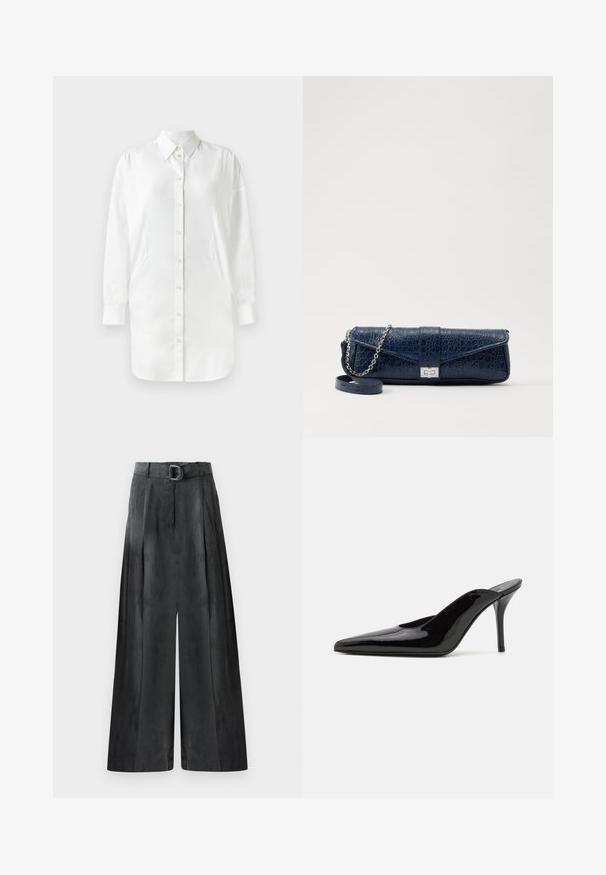 White shirt with long sleeves, button closure, pointed collar, and side panels. Smooth fabric with a slightly shiny texture.; Wide-leg trousers in dark gray, featuring a smooth texture, pleats, and a belt with a silver buckle at the high waist.; Black patent leather high-heeled mule with a pointed toe and a sleek silhouette, featuring an open back and a slender stiletto heel.; Navy blue leather clutch with a crocodile texture, silver chain strap, and metallic clasp. Rectangular shape with foldover design.