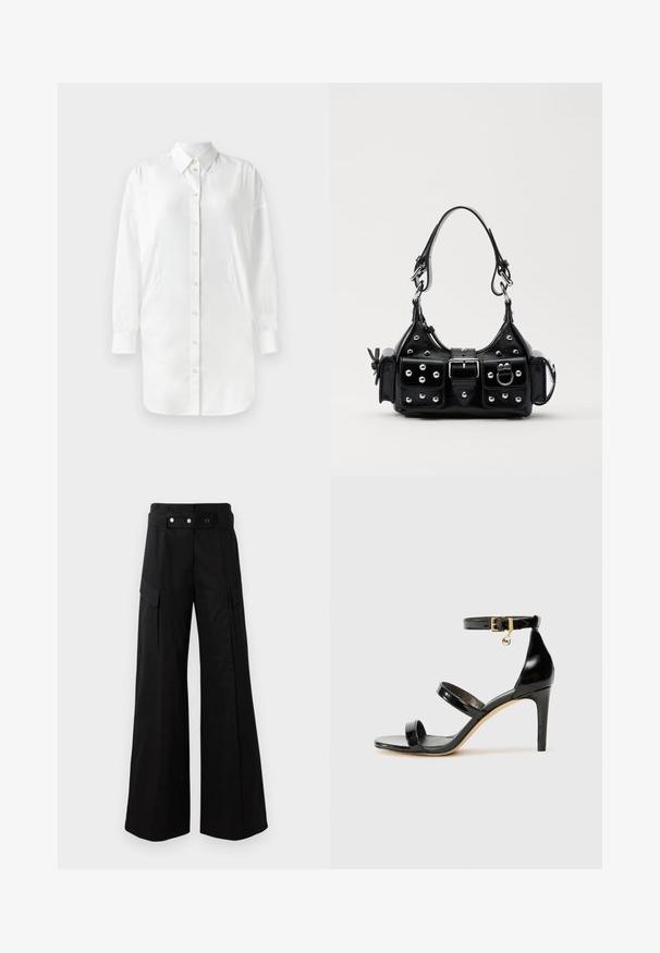 White shirt with long sleeves, button closure, pointed collar, and side panels. Smooth fabric with a slightly shiny texture.; Black wide-leg pants with a high waistband, featuring large side pockets, two front buttons, and a loop detail. Made from sturdy fabric.; Black patent leather sandal with three straps, ankle buckle, and 4-inch stiletto heel. Features gold hardware detail and logo charm.; Black leather handbag with a curved design, featuring silver studs, a buckle, and two side pockets. Adjustable strap for carrying options.
