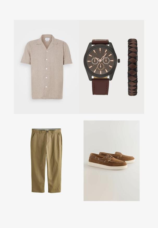 Gaišs bēšs īsām piedurknēm lina krekls ar iegrieztu apkakli un baltām pogām priekšā, ar gludu, teksturētu audumu.; Kaki chinos no kokvilnas auduma, ar divām sānu kabatām, pogu aizdari, taisnām kājām un gludu tekstūru.; Brūni zamšu apavi ar baltu gumijas zoli, saistoša dizaina, metāla acīm un kontrastējošiem stūru vīlēm.; Pier One SET - Pulkstenis - black/brown