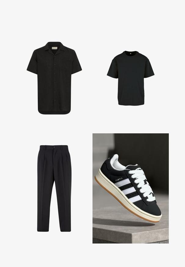 Lühikeste varrukatega must särk kergest kangast, millel on nööbiga eestlukustus, terav krae, üks rinna-tasku ja sirge serv.; Must must t-särk ümmarguse kaelusega ja lühikeste varrukatega; omab lõdva lõiget ja siledat, tekstuurset pinda.; Mustad püksid, millel on voltidega eesmine disain, valmistatud siledast kangast. Omab nup closure ja vöökinnitusauke; sirge jalgade lõige.; Mustad vabaajajalats valgete triipudega, paeltega kinnitatav, tekstuurse pealiskihiga ja kummist tald. Küljel on kirjas "CAMPUS" logo ja tald on kolmnurga kujuline.