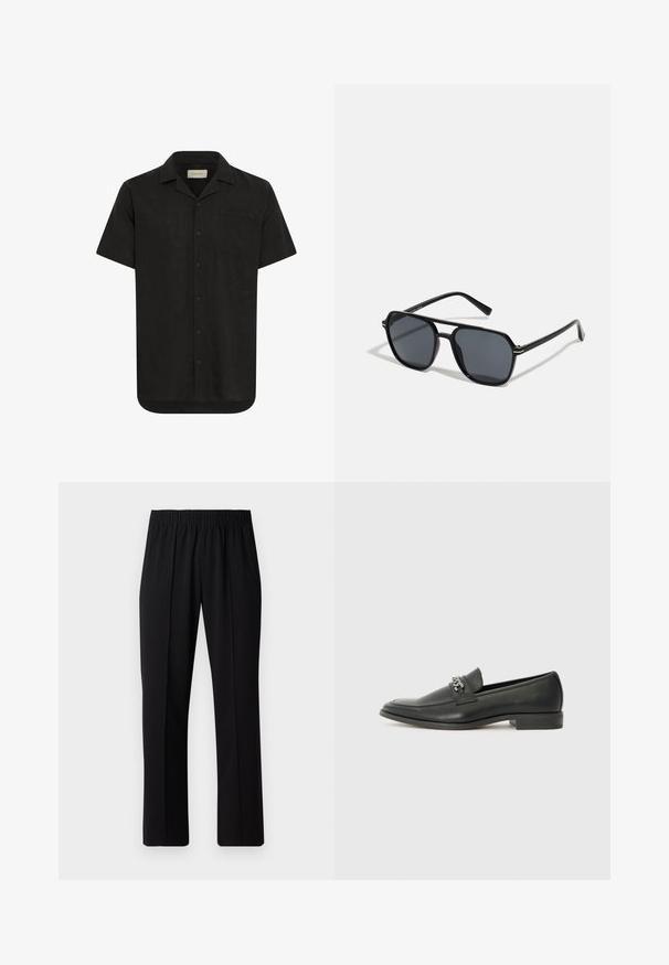 Camicetta nera a maniche corte in tessuto leggero, con chiusura a bottoni, colletto a punta, taschino singolo sul petto e orlo dritto.; Pantaloni neri con vita elasticizzata e design a gamba dritta, caratterizzati da una texture liscia e senza motivi o hardware visibili.; Mocassino in pelle nera con finitura liscia, caratterizzato da un design cucito e da un accento decorativo in catena metallica sul vamp. Tacco piatto.; Occhiali da sole neri con montatura ottagonale, lenti scure, finitura lucida, aste sottili e dettagli dorati sul davanti.
