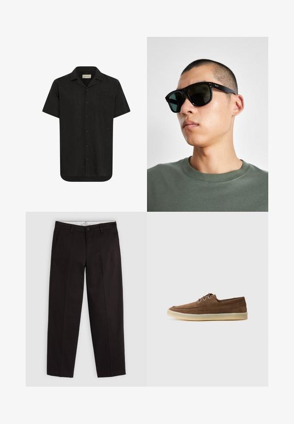 Czarna koszula z krótkim rękawem w lekkim materiale, z zapięciem na guziki, spiczastym kołnierzykiem, jedną kieszonką na piersi i prostym dołem.; Czarne chinosy o prostych nogawkach z pętlami na pasek, z zapięciem na guzik i bocznymi kieszeniami, wyeksponowane na jasnoszarym tle.; Brązowe zamszowe buty o niskim profilu, sznurowanym designie, gumowej podeszwie i kontrastowych detalach w szwie. Prosty i funkcjonalny styl.; Czarne prostokątne okulary przeciwsłoneczne z ciemnymi szkłami, o charakterystycznym kształcie i logo na zauszniku. Noszone przez osobę w zielonej koszuli.