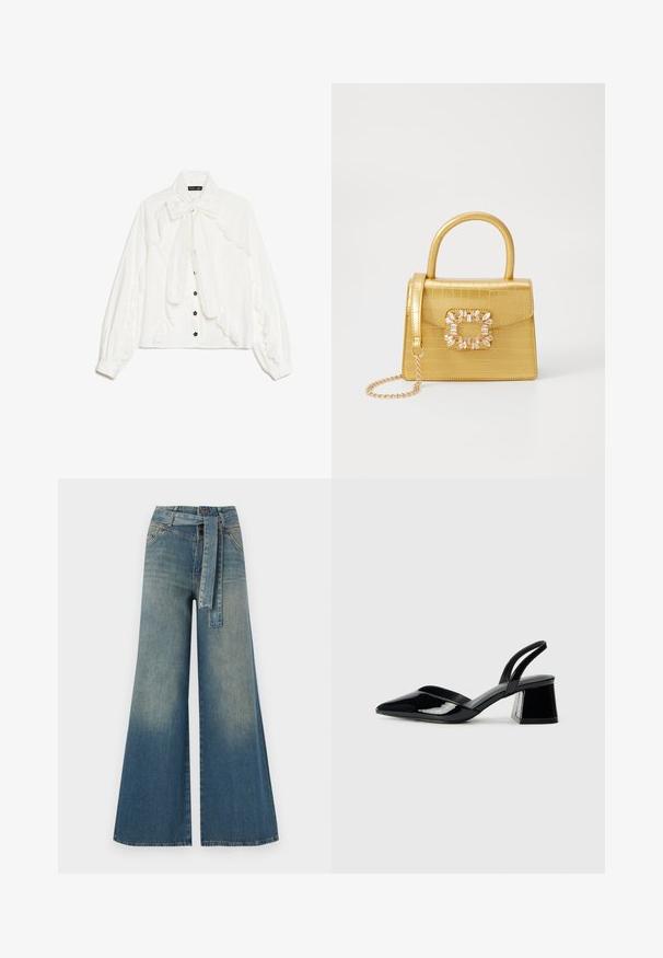 White long-sleeve blouse with lace trim, bow tie collar, and small black floral buttons down the front.; Wide-leg denim trousers featuring a light to dark blue gradient, high waist, belt loops, and a matching fabric belt. Textured denim finish.; Black patent leather slingback heels with a pointed toe and a geometric block heel. Features a sleek, minimal design and smooth texture.; Yellow faux-crocodile handbag with a structured design, top handle, detachable chain strap, and decorative crystal embellishment on the clasp.