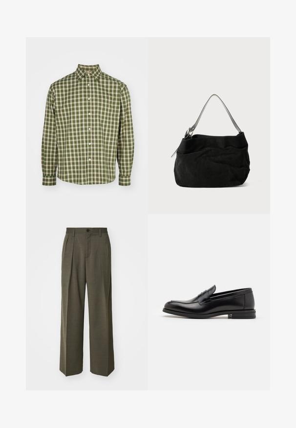 NN.07 DEON - Vapaa-ajan kauluspaita - green; Laivansininen puuvillapaita, lyhyet hihat, pyöreä pääntie, jossa on teksturoitu logo-design rinnassa vaaleammassa sävyssä.; Filippa K WIDE TROUSERS - Housut - driftwood; Mustat nahkakengät, joissa on sileä pinta, pyöreä kärki ja koristeellinen nauha jalkapöydän yli. Matala pinoitu koroke, minimalistinen muotoilu.; Mustan mokkanahan laukku, jossa on pehmeä ja rosoinen muotoilu. Varustettu ohuella, sileällä nahkahihnalla ja hienovaraisilla ompeluyksityiskohdilla.