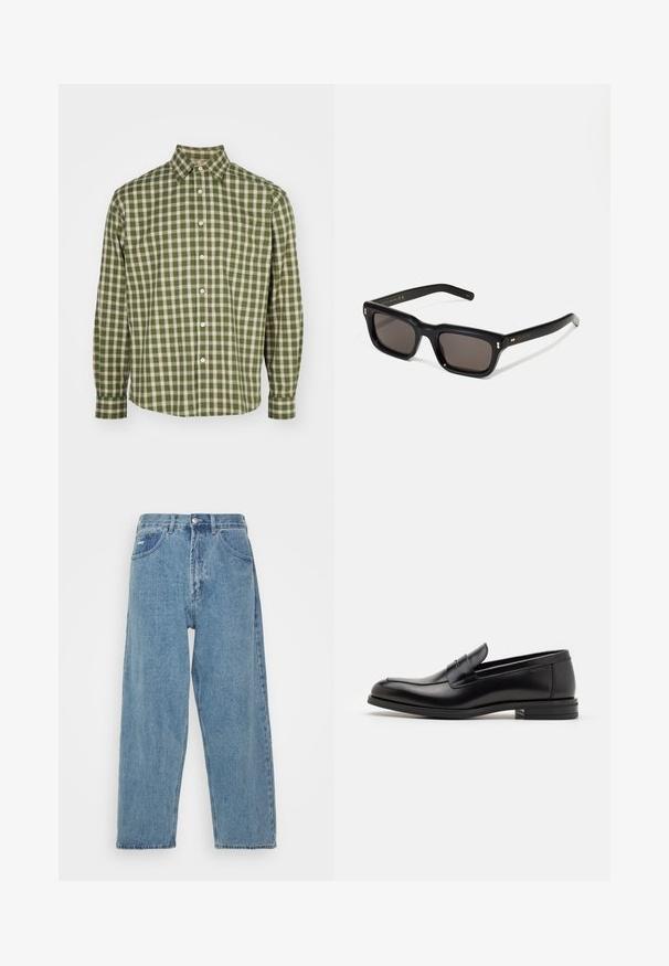 NN.07 DEON - Camicia - green; T-shirt bianca a maniche corte in cotone con scollatura rotonda. Design semplice senza fantasie o accenti. Texture liscia.; Jeans in denim azzurro chiaro con vita alta e vestibilità rilassata, dotati di due tasche frontali, una tasca a toppa sul retro e chiusura con bottone.; Mocassini neri in pelle con una texture liscia, punta arrotondata e una striscia decorativa sulla tomaia. Tacco basso impilato, design minimalista.; Occhiali da sole neri rettangolari con lenti scure, montatura spessa in plastica, dettagli dorati sulle tempie e logo del marchio inciso sull'asta.