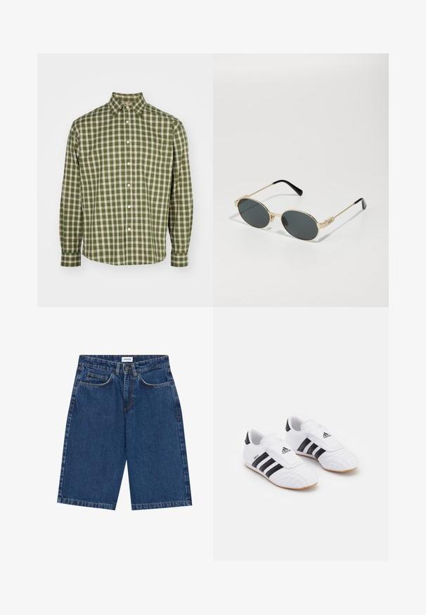 NN.07 DEON - Cămașă - green; Şorturi din denim de culoare albastru închis, cu un design cu cinci buzunare, croi drept și accente de cusături vizibile. Textură netedă și talie medie.; Încălțăminte sport albă cu dungi negre, având o textură asemănătoare unui suede, vârful rotund și o curea de Velcro. Talpa din cauciuc oferă tracțiune.; Ochelari de soare din metal aurit, cu lentile ovale și lentile întunecate. Vârfuri din acetat negru pe brațe. Numele brandului "QUAY" pe lateral.