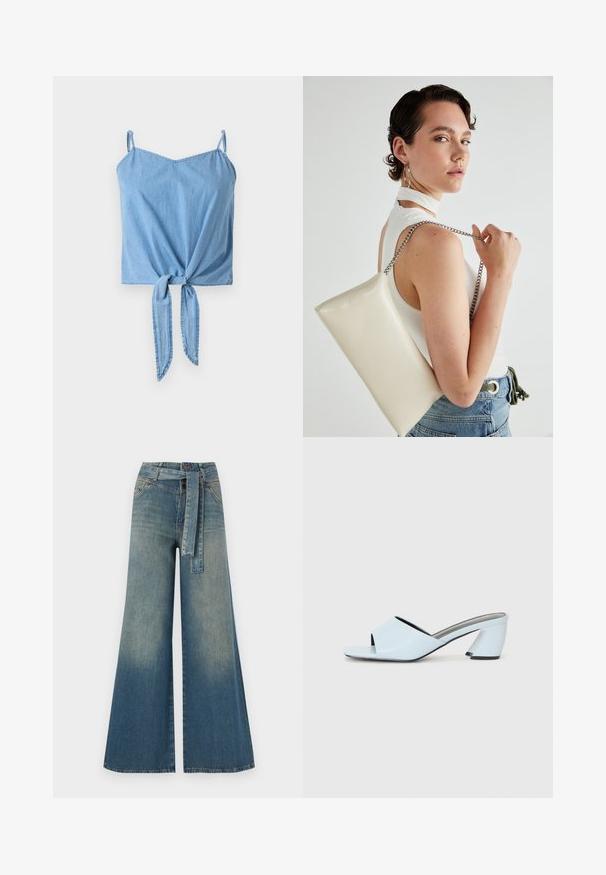 Svetlomodrá denimová crop top s tenkými nastaviteľnými ramienkami, detailom skrúteného uzla vpredu a hladkou textúrou.; Džínsy s širokými nohavicami, ktoré majú prechod od svetlomodrej po tmavomodrú, vysoký pás, pútka na opasok a opasok z rovnakého materiálu. Textúrovaný denimový povrch.; Svetlomodré otvorené štýlové sandále na vysokom opätku s geometrickým dizajnom, s širokým pásom cez nohu a masívnym, ostrým opätkom.; Biely obdĺžnikový kabelka z lesklého materiálu s strieborným reťazovým popruhom. Model predvádza kabelku na jednotnom pozadí.