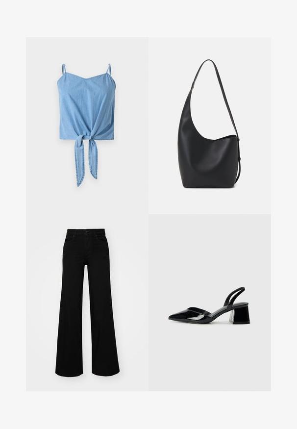 Top de ganga azul claro, cortado, com finas alças ajustáveis, um detalhe de nó na frente torcido e uma textura suave.; Calças largas pretas em denim, com uma cintura estruturada, passantes para cinto e bolsos frontais. Textura suave com um design clássico.; Sandy em verniz preto com salto slingback, ponta afilada e salto geométrico. Apresenta um design elegante e minimalista com textura suave.; Saco hobo preto em pele com uma textura lisa, forma curva e uma única alça ajustável; apresenta uma abertura larga na parte de cima.