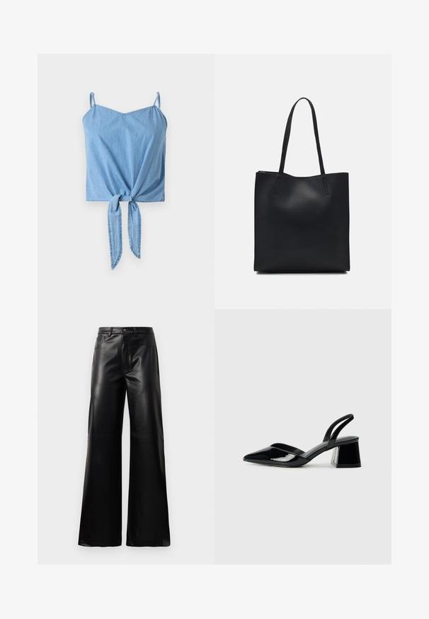 Lyseblå denim crop-top med tynne justerbare stropper, en vridd front med knute-detalj, og en jevn tekstur.; Sorte høy midje vide ben bukser i imitert skinn med knapp foran, glidelås, beltehemper og sidelommer på hvit bakgrunn.; Svarte patentlær slingback hæler med spiss tå og geometrisk blokk hæl. Har et stilrent, minimalistisk design og jevn tekstur.; Svart lær tote bag med glatt tekstur, rektangulær form og to lange håndtak. Ingen synlige deler eller dekorasjoner.
