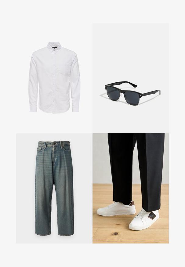 Hvid langærmet skjorte med knaplukning lavet af bomuld, med krave, forreste knapper og en enkelt brystlomme. Glat tekstur.; Lyseblå denim jeans med løs pasform, mellemhøj talje og lige ben. Har fem lommer, bæltestropper og en knappelukning.; Hvide sneakers med glat tekstur, prydet med brune læderdetaljer og sorte detaljer, sammen med sorte skræddersyede bukser. Baggrund med trægulv.; Sorte solbriller med rektangulær form, mørke linser, sølvdetaljer ved tindingerne og en mat finish på stellet.