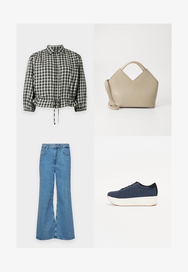 Melna un krēmkrāsas pārbaudīta blūze ar apkakli, pogu aizdari un elastīgu jostasvietu ar aukliņu. Garas piedurknes ar aprocēm.; Gaiši zili, platā piegriezuma džinsi, kas izgatavoti no denima, ar augstu jostasvietu, piecām kabatām un vienu pogu. Mīksta tekstūra ar nolietotu apdari.; Navy zilo apavi ar strukturētu auduma augšdaļu, baltu platformas zoli, noapaļotu pirkstu daļu un melnu papēža akcentu. Iekļautas sešas acs caurumi šnuķēšanai.; Beidzis struktūrēts rokassomu ar V formas augšdaļu, no gludas ādas materiāla, īsām rokturiem un garu regulējamu siksnu. Minimalistisks dizains.