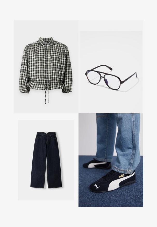 Černá a krémová károvaná halenka s límcem, zapínáním na knoflíky a elastickým pasem s šňůrkou. Dlouhé rukávy s manžetami.; Tmavě modré džíny s širokými nohavicemi a vysokým pasem, pěti kapsami, kontrastním šitím a stříbrnými kovovými detaily. Hladká struktura a čisté provedení.; Černé semišové tenisky s bílými akcenty a zlatým logem. Nosené s světle modrými jeany a položené na strukturovaném modrém povrchu.; Kulaté, tmavě želvovinové brýle s čirými skly. Mají úzké plastové obruby a nenápadný detail závěsu na spáncích.; Burgundská kožená kabelka s křivkovým tvarem. Disponuje jedním ramenním popruhem a horním zipem, který ukazuje hladký, texturovaný povrch.