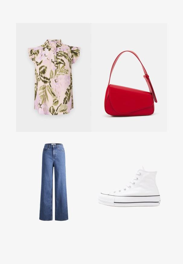 Bluse med blomsterprint, høy krage, korte volangermer og knappestolpe. Fargene inkluderer lyserosa, grønn og lavendel.; Lyseblå denim vide benbukser med høy midje, to frontlommer og synlig søm. Har knapp- og glidelås-lukking.; Hvit høy-skinn kanvas sneakers med svart gummisåle, gummitåhette foran og seks hull for snorer, med et rent, minimalistisk design.; Rød lærveske med en vinklet, geometrisk design. Har en enkelt justerbar stropp og en klaffelukking med sydd detaljer.