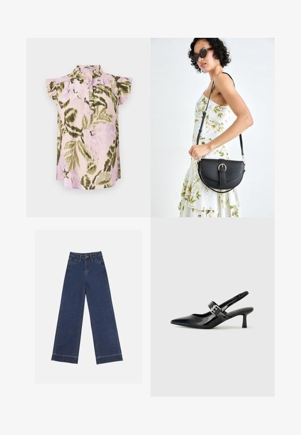Virágmintás blúz magas gallérral, rövid fodros ujjakkal és gombos záródással. A színek között szerepel a világos rózsaszín, zöld és levendula.; Sötétkék denim széles lábú farmernadrág. Öt zsebbel, övhurkokkal és nyers szegéllyel az alján, amelyen látható varrási részletek találhatók.; Fekete lakkbőr slingback sarkú cipők hegyes orral és kis blokk talppal, ezüst csat díszítéssel a pánton.; Fekete bőrtáska ívelt formával, levehető pánttal és arany színű fémrészekkel. A táskán egy csattal díszített fedél található.