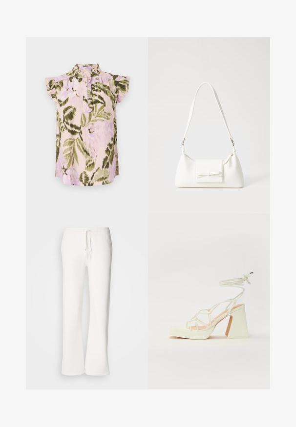 Blommönstrad blus med hög krage, korta volangärmar och knappslå. Färgerna inkluderar ljusrosa, grön och lavendel.; Vita, avslappnade sweatpants i mjukt material, med elastisk midja och dragsko samt raka ben.; Vit högklackad sandal med en kraftig klack, med ett remdesign och ankelband. Slät textur med en plattform framtill för ökad höjd.; Vit syntetisk handväska med triangulär form, platt framklaff och rosettdetalj, justerbar rem, slät textur och minimalistisk design.