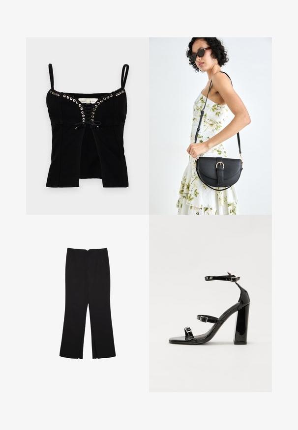 Črn oprijet top z tankimi naramnicami, z stvaritvijo ojačevalnih obročkov in sistemom vezanja spredaj. Tkanina je teksturirana in rahlo strukturirana.; Črne hlače ravnega kroja z naglavnimi žepi in stranskimi razporki na robu. Narejene iz mehke, gladke tkanine. Primerne za različne priložnosti.; Črne lakaste sandale z visokimi petami, z dvema trakovoma z zaponkama, kvadratnim sprednjim delom in masivno širšo peto, z gladko, sijočo teksturo.; Črna usnjena torbica s ukrivljeno obliko, z odstranljivo naramnico in zlatimi dodatki. Torbica ima pokrov s podrobnostmi v obliki zaponke.