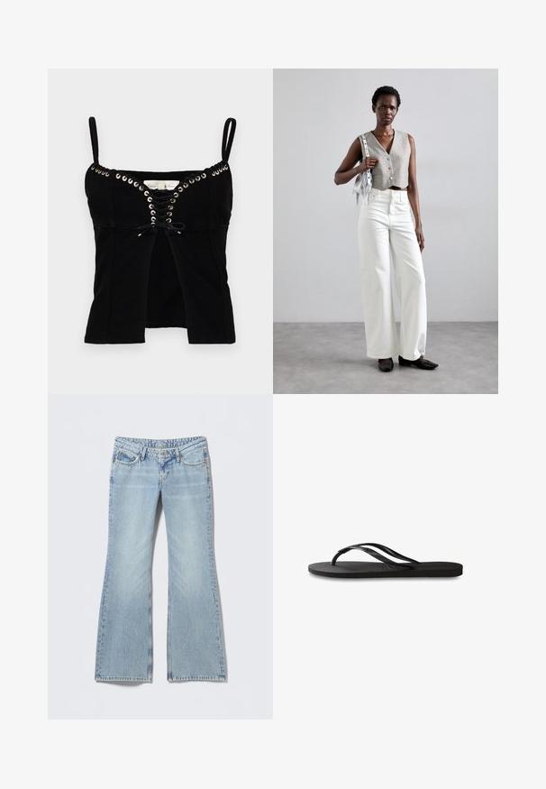Čierny priliehavý top s tenkými ramienkami, s detailmi s očkami a šnurovaním vpredu. Tkanina je textúrovaná a mierne formovaná.; Svetlomodré džíny s rozšírenými nohavicami s vyblednutým vzhľadom, päťvreckovým dizajnom a kontrastným prešitím. Bavlnený denim s hladkou textúrou.; Čierne žabky s textúrovanou gumovou podrážkou, dvoma štíhlymi popruhmi a diskrétnym embosovaným logom na popruhu.; Sivý skrátený vest s gombíkmi, skombinovaný s bielymi širokými nohavicami a čiernymi plochými topánkami. Doplnkový malý strieborný strapcatý ruksak.