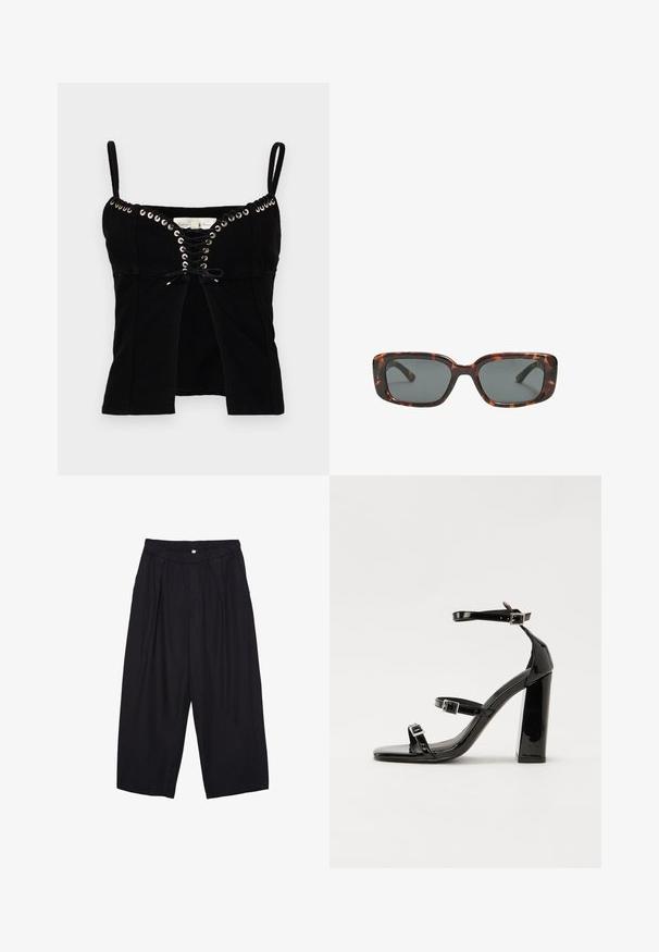 Svart åtsittande topp med tunna axelband, som har metallringar och snörning framtill. Tyget är texturerat och något strukturerat.; Svarta polyester culottbyxor med elastisk midja, två framfickor och en lös silhuett. Inga synliga mönster eller hårdvarudetaljer.; Svarta lackerade klacksandaler med fyrkantig tå, ankelremmar och silverfärgade spännen. Har en kraftig blockklack för stabilitet.; Sköldpaddsmönstrade solglasögon med rektangulära linser, tjocka bågar och mörkt tonade linser. Slät yta och minimalistisk design.