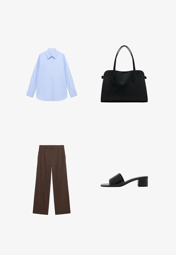 Cămașă albastru deschis cu mânecă lungă, guler cu butoane, un singur buzunar pe piept și o croială lejeră. Textură de țesătură netedă și design clasic.; Pantaloni largi maro, confecționați dintr-un material neted, cu talie înaltă, plisaje frontale și două buzunare laterale.; Sandal cu vârf deschis din piele neagră, cu o curea lată și un toc solid. Prezintă o textură netedă și un design minimalist.; Geantă din piele neagră cu două mânere pentru umăr, formă rectangulară și design minimalistic pe un fundal alb.