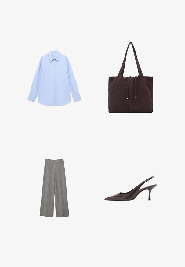 Svetlo modrá košeľa s dlhým rukávom, s golierom na gombíky, jednou náprsné vrecko a voľným strihom. Hladká textúra látky a klasický dizajn.; Sivé široké nohavice s textúrovanou látkou. Obsahujú záhyby bežiace pozdĺž prednej časti, pás a nemajú viditeľné zapínanie.; Sandalové topánky s špicatou špičkou v tmavo hnedých patentovaných kožách, vybavené štíhlym vysokým opätkom a nastaviteľným členkovým remienkom so sponou.; Mango Veľká kabelka - dark brown