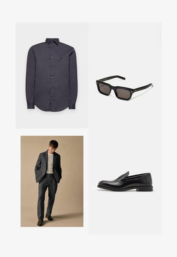 Emporio Armani Ing - phantom; Szürke szabott öltöny, háromszögletű hajtókával és elülső zsebekkel, csíkos inggel párosítva. A nadrágnak laza fazonja van és plisszé részletekkel rendelkezik. Barna cipő.; Fekete bőr loaferek sima textúrával, kerek orral és dekoratív pánttal a vampnál. Alacsony, rétegelt sarkú, minimalista dizájn.; Fekete téglalap alakú napszemüveg sötét lencsékkel, vastag műanyag keret, arany díszítések a szárakon, és a márka logója gravírozva a szára.