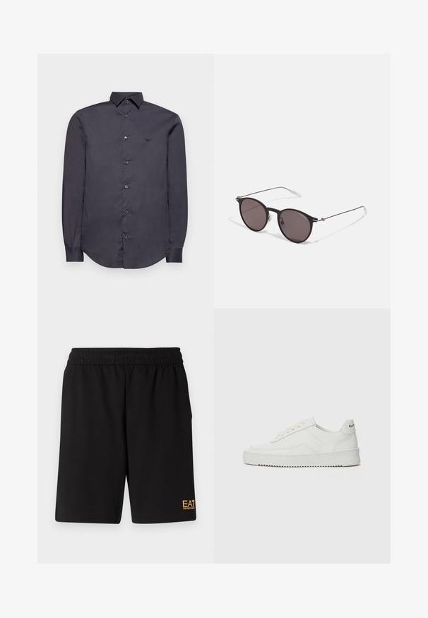 Emporio Armani Hemd - phantom; Schwarze Sportshorts aus weichem Material, mit einem elastischen Bund und einem kleinen gelben EA7-Logo am unteren linken Bein.; Weiße Ledersneaker mit glatter Oberfläche, runder Zehenpartie, flachen Schnürsenkeln und strukturiertem Sohlenprofil. Mit einem dezenten Logo an der Ferse.; Schwarze runde Sonnenbrille mit dunklen Gläsern und schlanken Metallbügeln. Enthält klare Tempelspitzen und silberne Akzente am Scharnier. Minimalistisches Design.