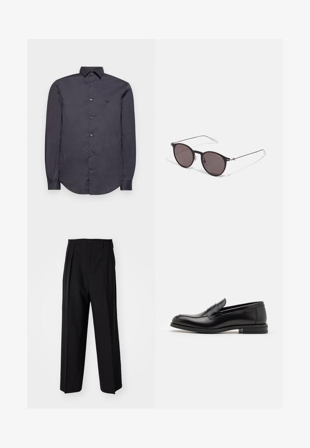 Emporio Armani Overhemd - phantom; Zwarte geplooide broeken met een rechte, brede pijpontwerp. Gemaakt van soepele stof, met een knoopsluiting en riemlussen.; Zwarte leren instappers met een gladde textuur, ronde neus en een decoratieve band over de wreef. Lage, gestapelde hak en minimalistisch ontwerp.; Zwarte ronde zonnebril met donkere lenzen en slanke metalen armen. Inclusief heldere tempelpunten en zilveren accenten bij de scharnier. Minimalistisch ontwerp.