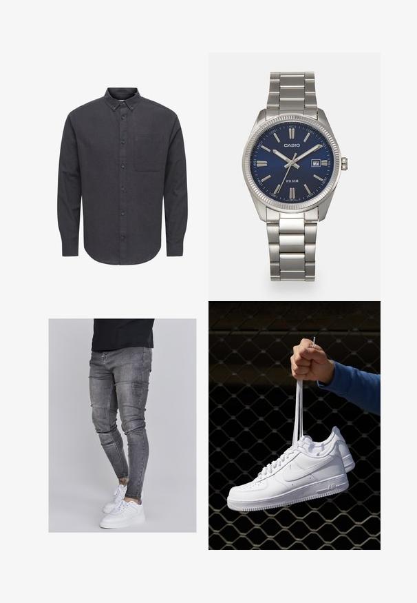 Dunkelgraues Hemd zum Knöpfen aus strukturiertem Stoff, mit spitzem Kragen, langen Ärmeln und einer einzelnen linken Brusttasche.; Schlanke Jeans aus ausgebleichtem grauem Denim, mit abgenutzten Details an den Knien, kombiniert mit weißen Sneakers. Glatte Textur, schlanker Schnitt.; Weiße Leder-Sneaker mit Perforationen, runder Zehenpartie, flacher Sohle und dicken Schnürsenkeln, mit sichtbar eingesticktem Swoosh-Logo und "AIR" an der Ferse.; Silberner Armbanduhr aus Edelstahl mit einem dunkelblauen Zifferblatt, metallischen Stundenmarkierungen und einem Datumsfenster bei 3 Uhr. Wasserdicht bis 50 Meter.