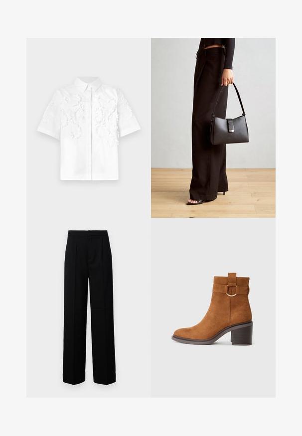 Biała koszula z krótkim rękawem z teksturowanym haftowanym wzorem kwiatowym i smoczym na przodzie. Klasyczny krój kołnierzyka.; Czarne spodnie o szerokich nogawkach z gładką teksturą, z płaskim przodem, zakładkami i dopasowanym paskiem w talii. Brak widocznych elementów metalowych i wzorów.; Brązowy zamszowy botek za kostkę z zaokrąglonym noskiem, słupkiem i ozdobnym paskiem z okrągłą klamrą.; Czarna torebka o usztywnionym kształcie, gładkiej fakturze i metalowym zapięciem. Połączona z szerokimi czarnymi spodniami i sandałami na otwartym palcu na drewnianej podłodze.