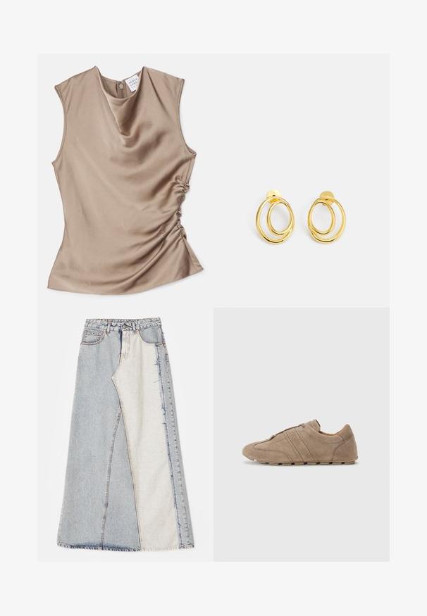 Bežs satīna blūze bez piedurknēm ar kapuces kakla izgriezumu. Iespējas izsērtas detaļas sānos un rāvējslēdzēja aizdare aizmugurē. Gluda tekstūra.; Džinsu svārki ar aplicējumu dizainu, kas sastāv no gaiši un vidēji zilo daļu, ar nodilušiem malām un augsto jostu. Klasiskā piecu kabatu stilā.; Bežīgas zamšādas kurpes ar zemu profilu, kas ir rotātas ar izšūtām līnijām un teksturētu virsmu, papildinātas ar gumijas zābakiem ar saķeres izturību.; Zelta tonī auskari ar gredzenu formu, kas sastāv no divām savstarpēji savītām apļveida formām, ar gludu apdari un uzglaudes aizdari drošai nēsāšanai.