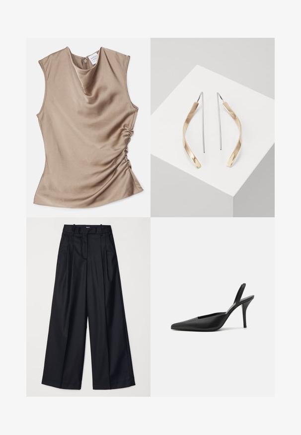 Top sin mangas de cuello cisne en satén beige. Presenta detalles fruncidos en el lateral y un cierre con cremallera en la parte posterior. Textura suave.; Pantalones de pierna ancha negros, confeccionados en una tela suave, con una cintura alta, pliegues y un diseño ajustado. Accesorios sencillos en negro en la cintura.; Zapatos de tacón negro tipo slingback con puntera afilada, material de cuero suave y un diseño minimalista y elegante. Tacón alto en estilo stiletto.; Pendientes colgantes de oro y plata con una forma alargada y curvada. Acabado brillante con una textura suave y diseño minimalista.