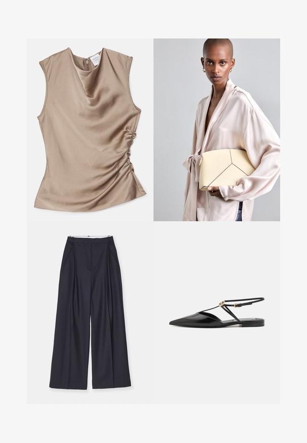 Halenka bez rukávů s rolákem v krémově béžové saténové látce. Obsahuje na bocích nařasené detaily a zipové zapínání na zadní straně. Hladký povrch.; Victoria Beckham WIDE LEG TROUSER - Kalhoty - midnight; Victoria Beckham Páskové sandály - black; Krémová strukturovaná kabelka s kontrastními černými švy, která má geometrický design. Hladký povrch s zlatými kovovými doplňky.